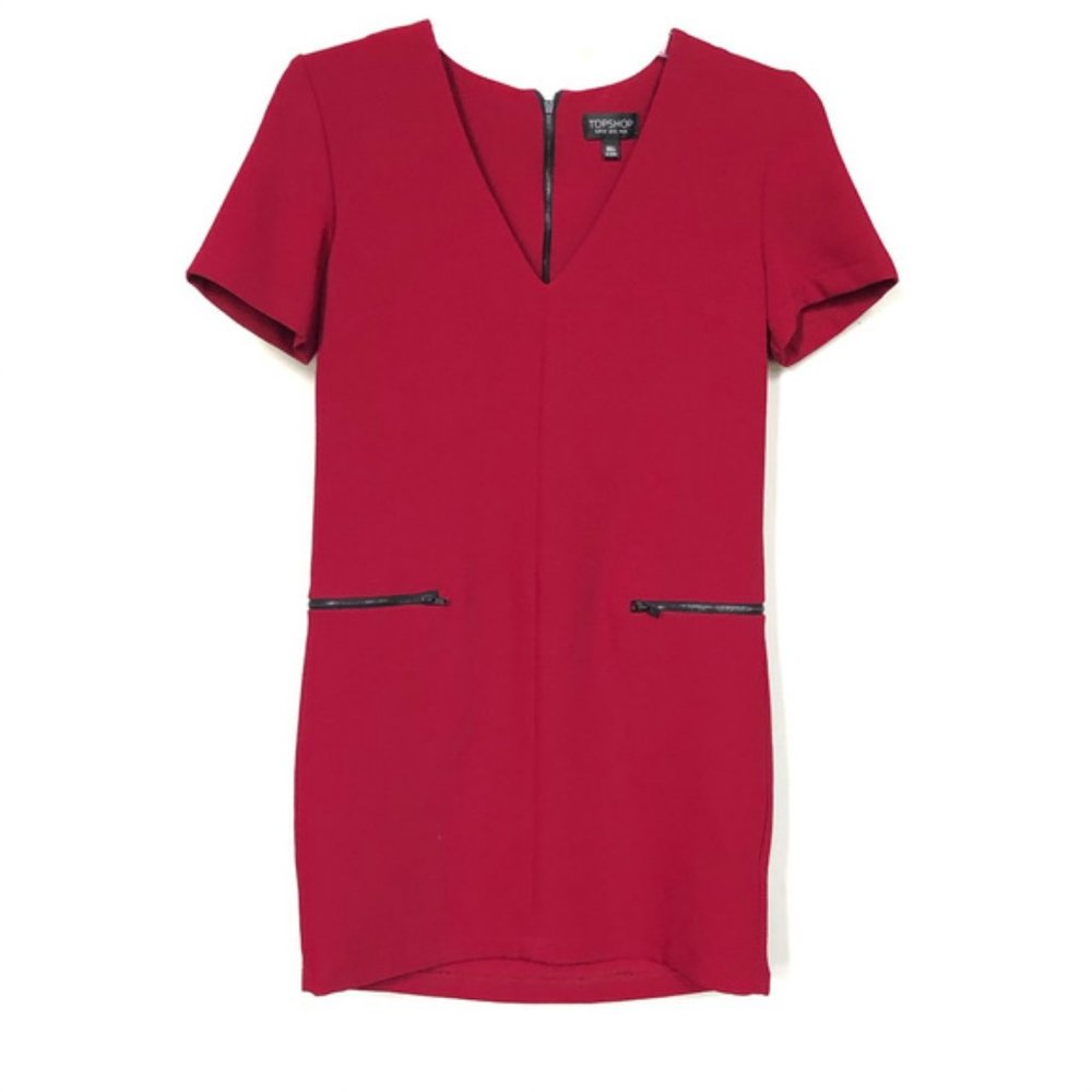 Topshop Red V-Neck Short Sleeve Shift Dress - 0